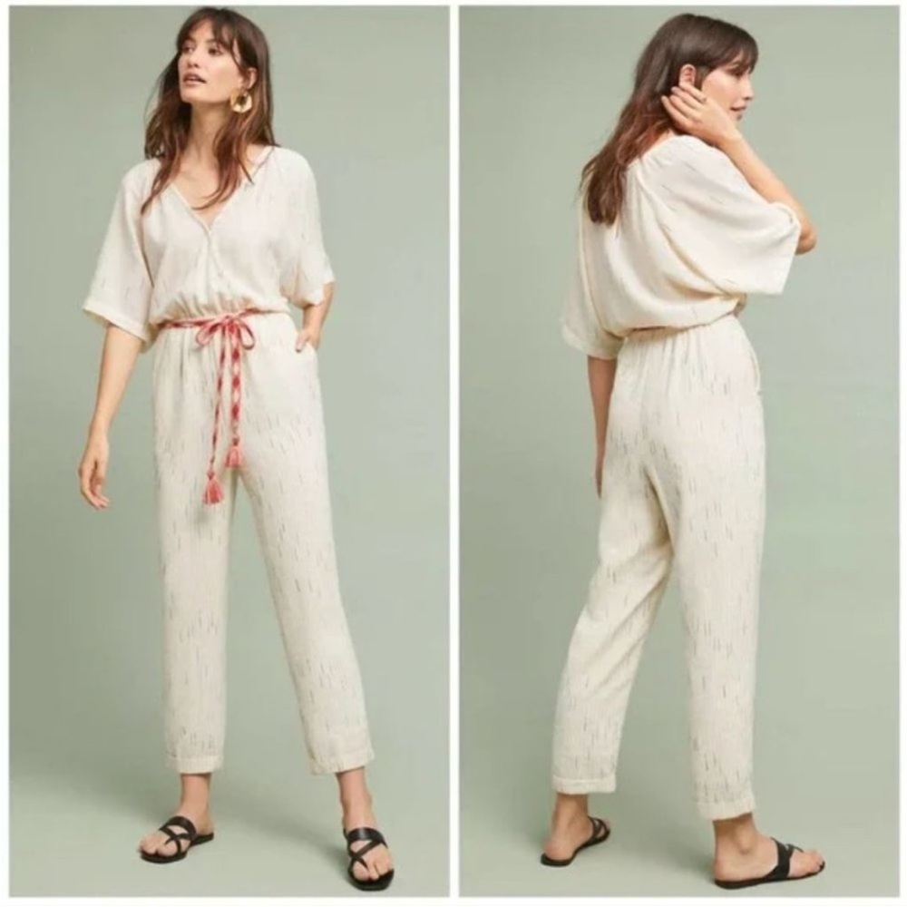 ANTHROPOLOGIE Feather Bone Soleil Wrap Front Stripe Jumpsuit Ivory *No Belt